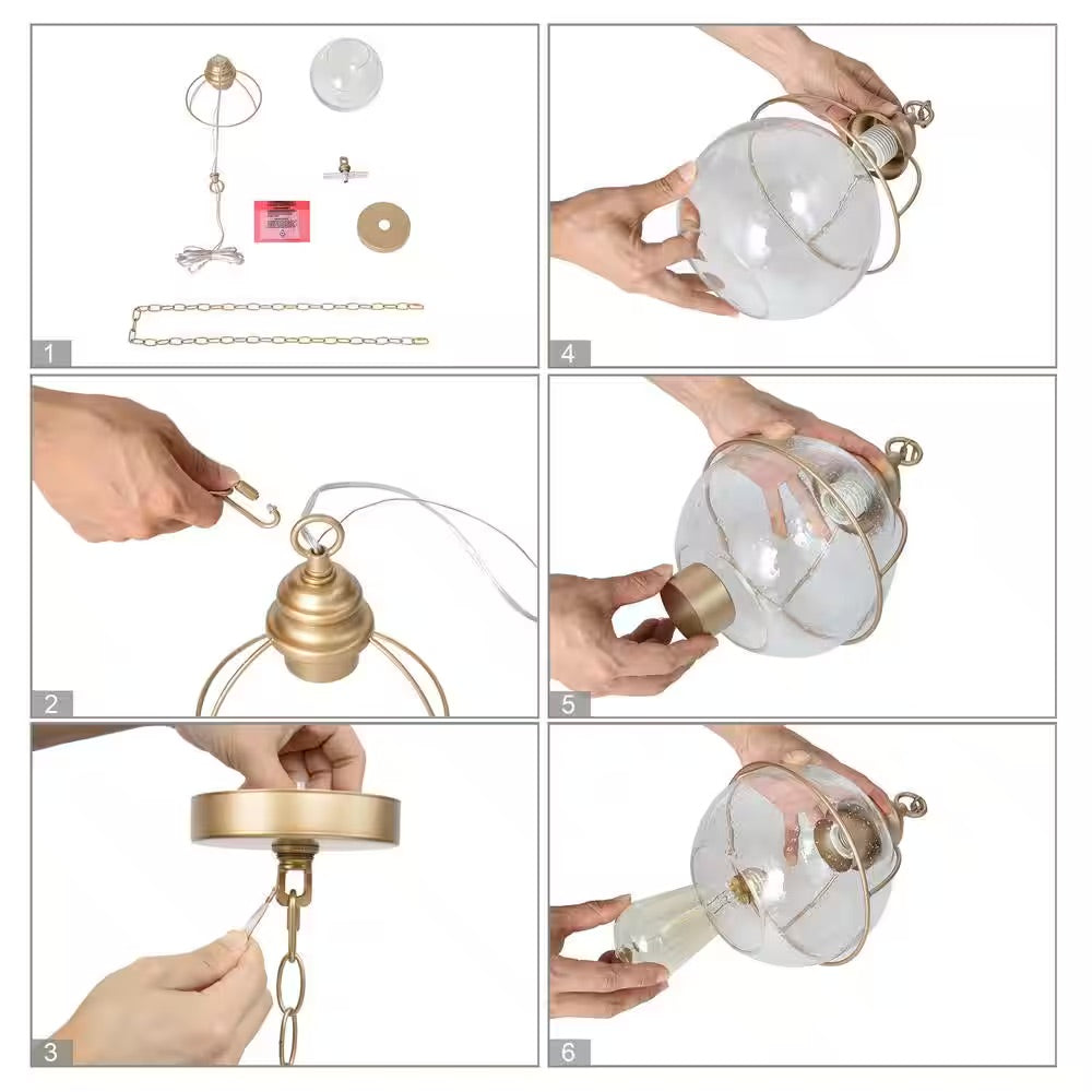 Uolfin Modern Globe Pendant Hanging Light 1-Light Brass Gold Island Chandelier Pendant Light with Seeded Glass Shade