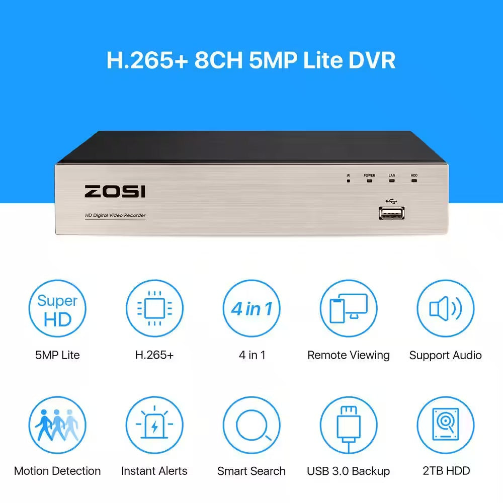 ZOSI 8-Channel 5MP-Lite 2TB DVR Surveillance System with 8-Wired 1080p Bullet Cameras