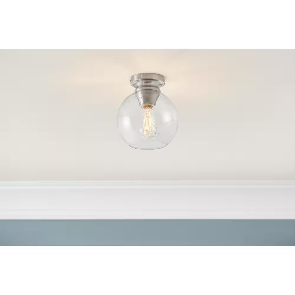 Home Decorators Collection Evelyn 8 in. 1-Light Modern Industrial Brushed Nickel Flush Mount Ceiling Light with Clear Seeded Glass Shade