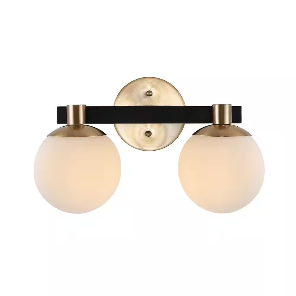 JONATHAN Y Modernist Globe 15.25 in. 2-Light Brass Gold/Black Metal Modern Contemporary LED Vanity Light with Frosted Glass