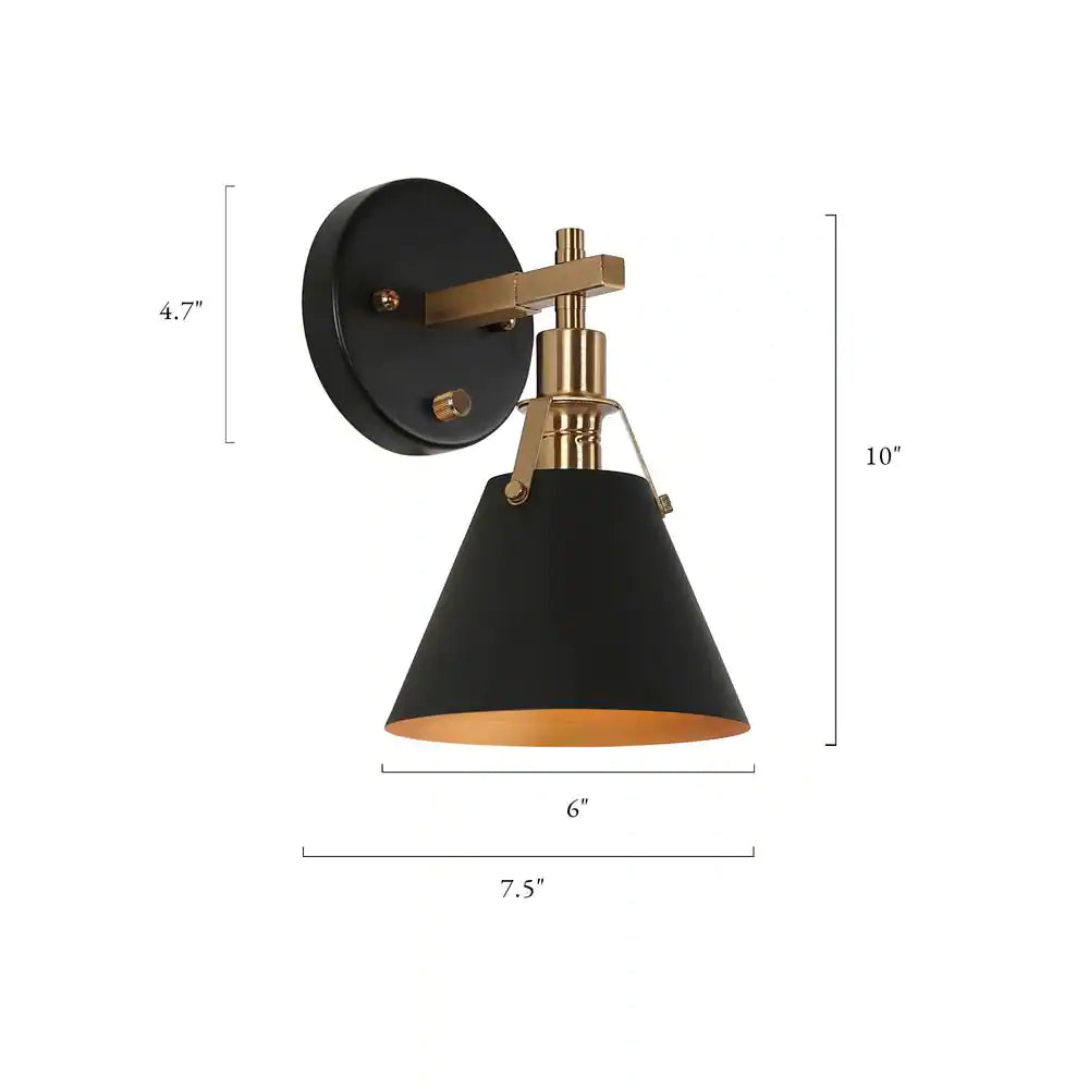 Home Decorators Collection Granville Collection 1-Light Matte Black and Vintage Gold Wall Sconce with Bell Shade Modern Bathroom Vanity Light