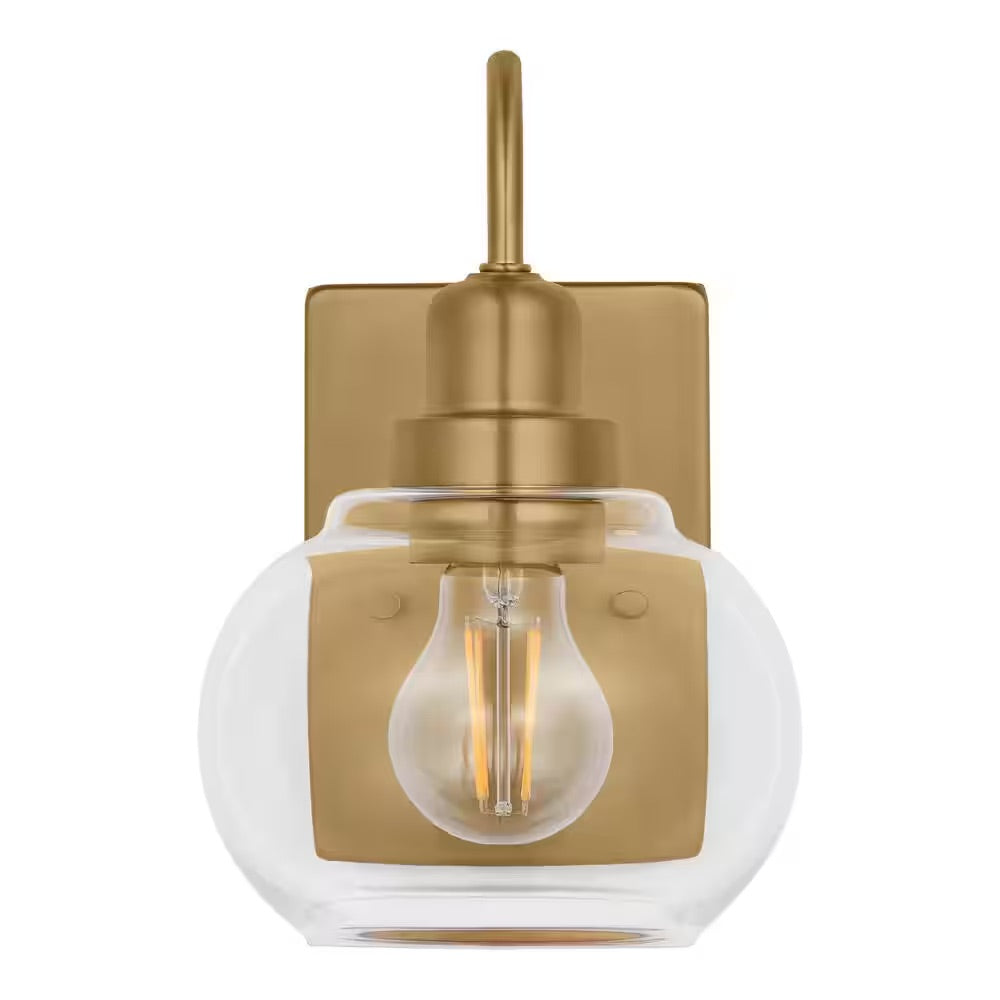 Home Decorators Collection Halyn 4.5 in. 1-Light Vintage Brass Indoor Wall Sconce with Clear Glass Shade