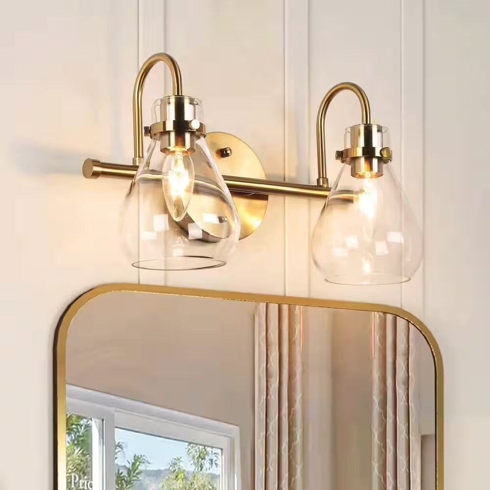 Uolfin Modern Teardrop Bedroom Wall Sconce 2-Light Electroplated Brass Bell Bathroom Vanity Light with Clear Glass Shades