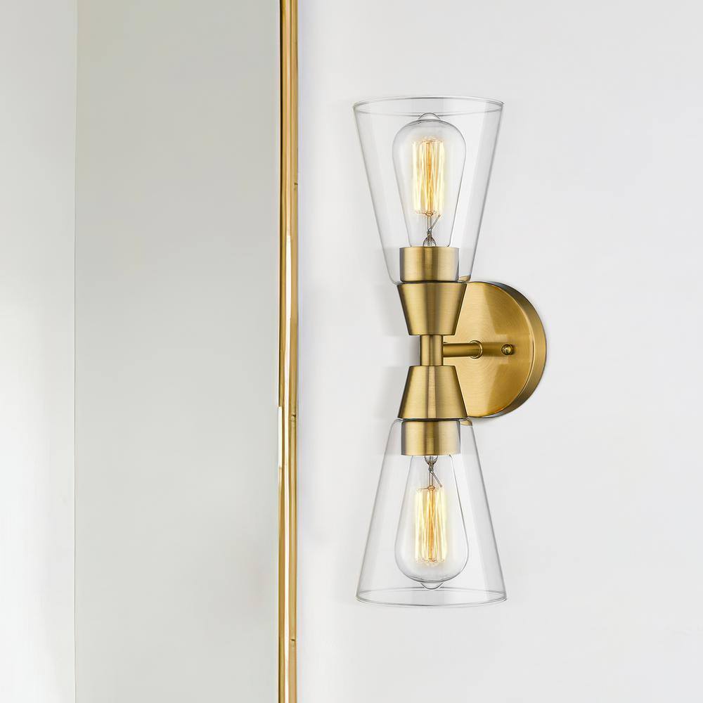 JAZAVA 16.57 in. 2 Light Gold Vanity Lights in Clear Glass Indoor Wall Sconce for Bathroom Bedroom Hallway Stairways