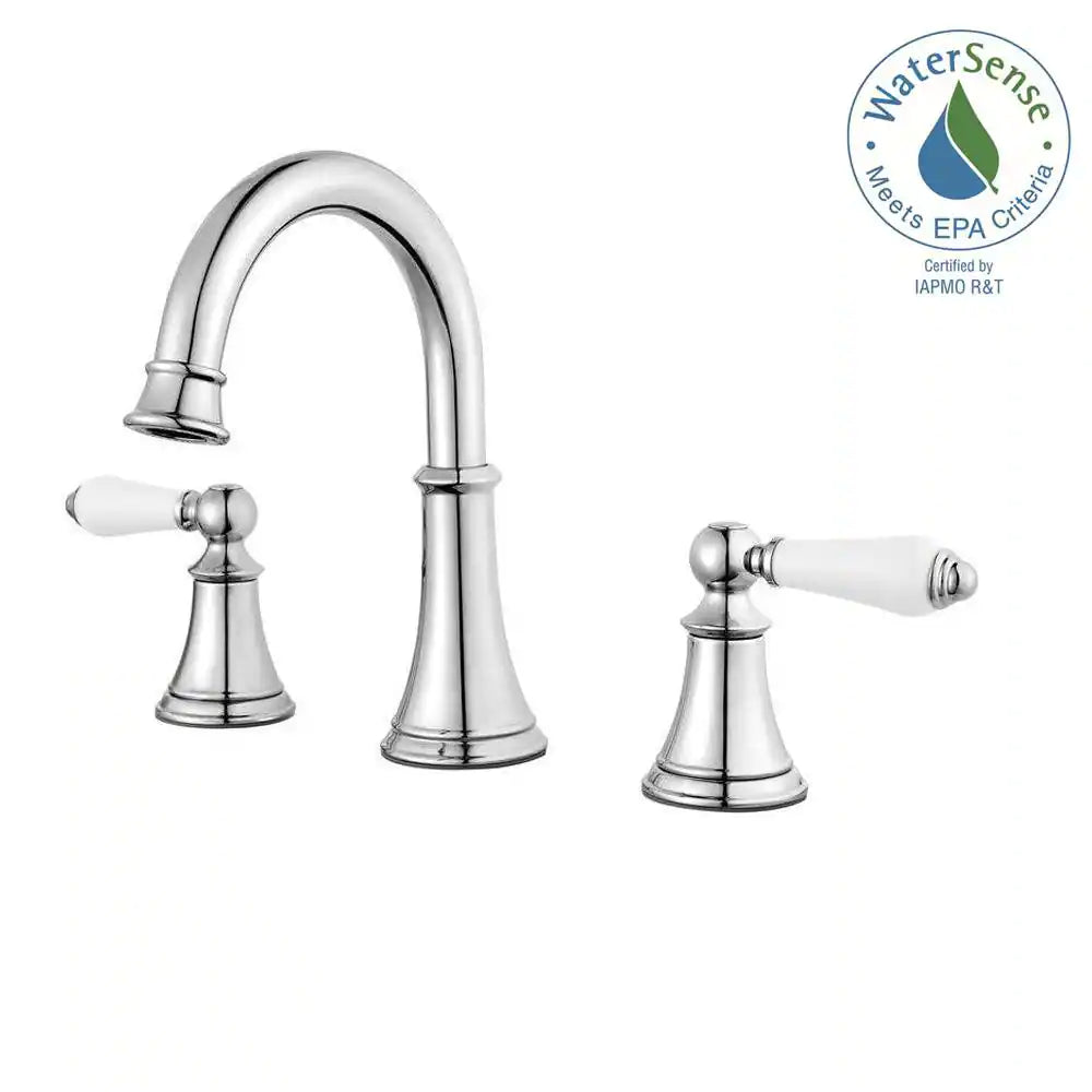 Pfister Courant 8 in. Widespread 2-Handle Bathroom Faucet in Polished Chrome with White Handles