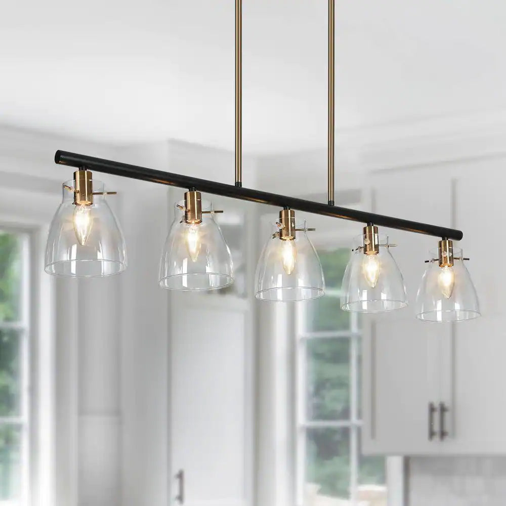 Zevni 38 in. Large Modern Brass Hanging Light, 5-Light Black Island Chandelier for Dining Room with Bell Clear Glass Shades