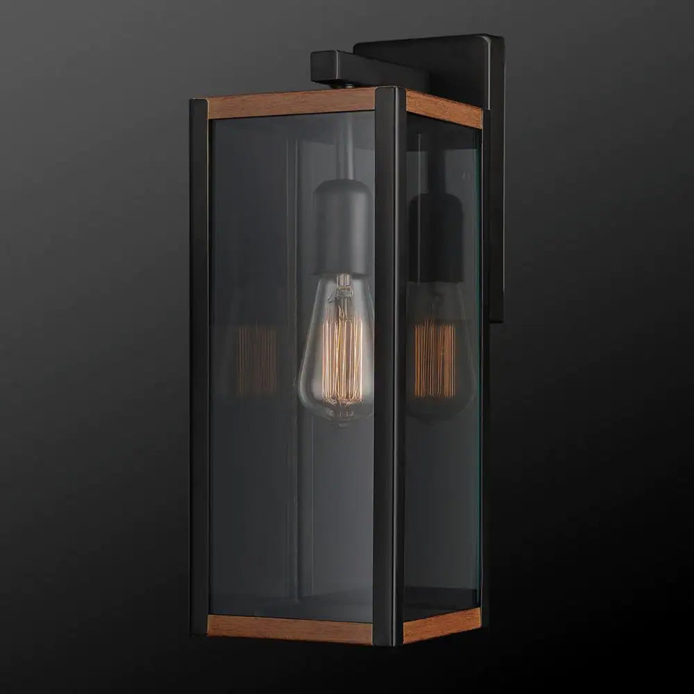 Globe Electric Bowery 1-Light Matte Black Outdoor Indoor Wall Lantern Sconce with Faux Wood Accents and Clear Glass Shade