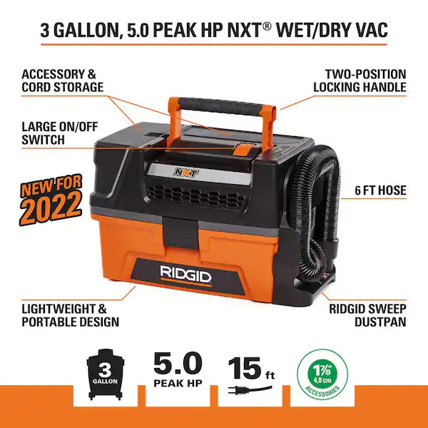RIDGID 3 Gallon 5.0 Peak HP NXT Wet/Dry Shop Vacuum with Filter, Expandable Locking Hose and Accessories