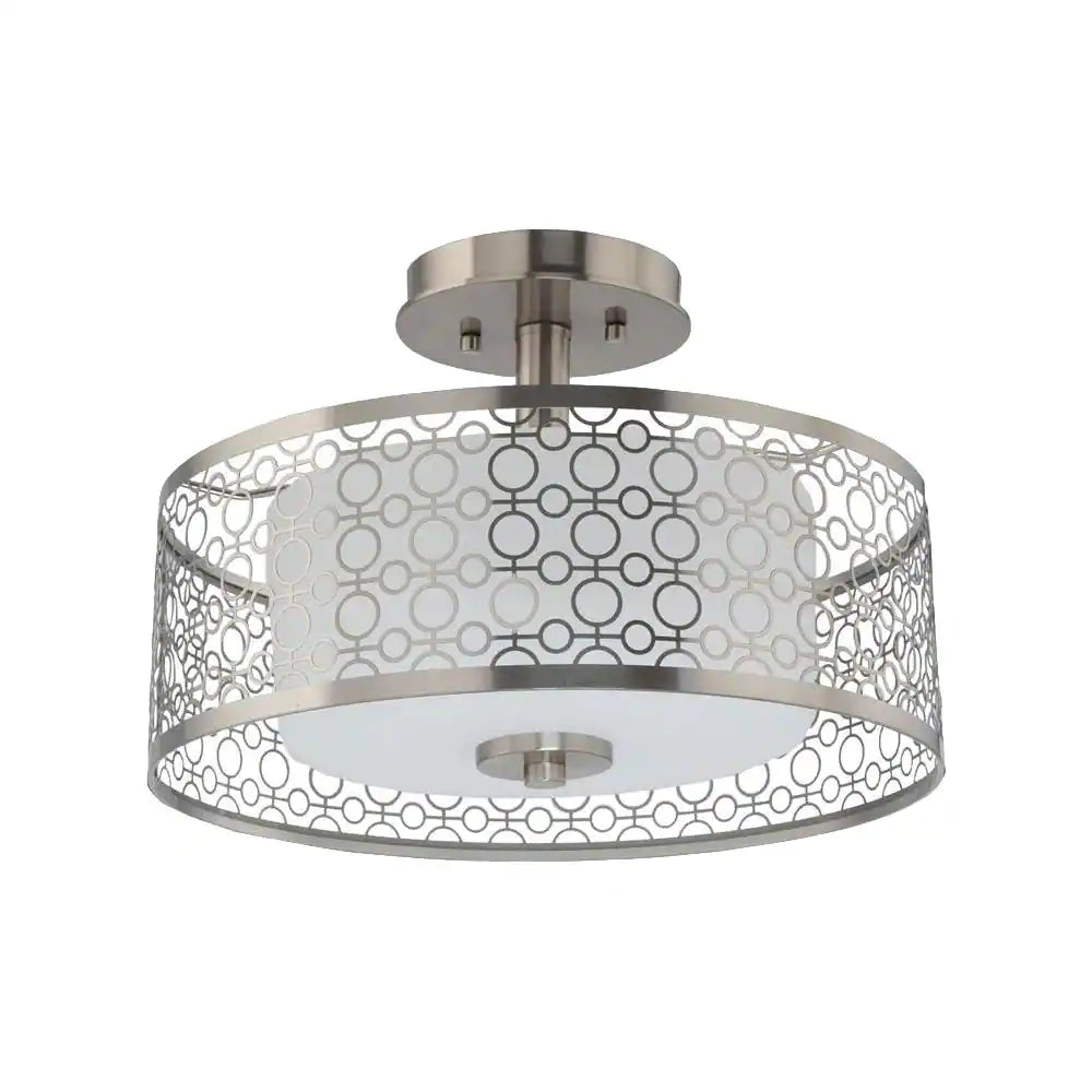 Hampton Bay Toberon 14 in. 1-Light Brushed Nickel LED Semi-Flush Mount with Etched Parchment Glass Shade