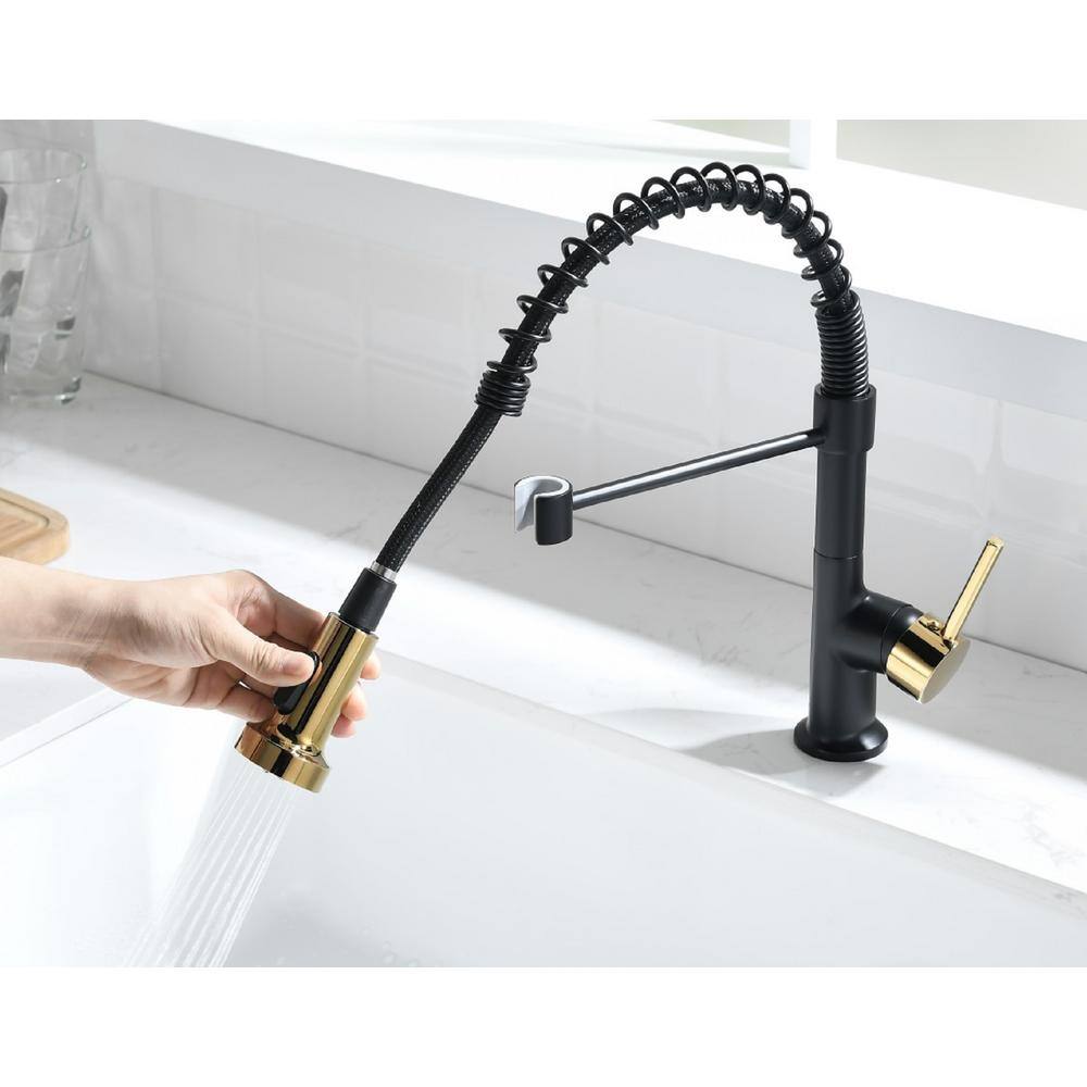 UKISHIRO Single Handle Pull Down Sprayer Kitchen Faucet in Matte Black and Gold