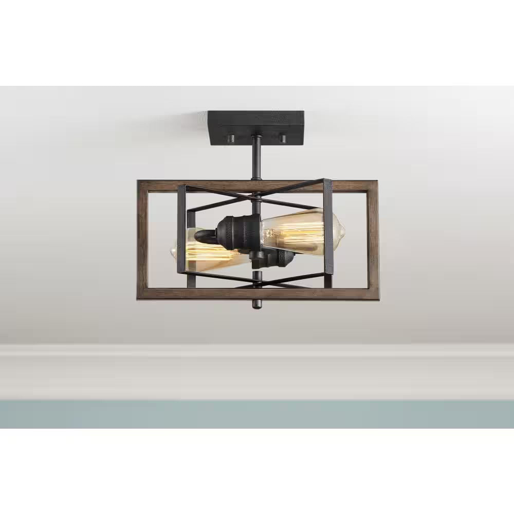 Home Decorators Collection Palermo Grove 2-Light Gilded Iron Semi-Flush Mount, Rustic Farmhouse Ceiling Light with Walnut Wood Accents