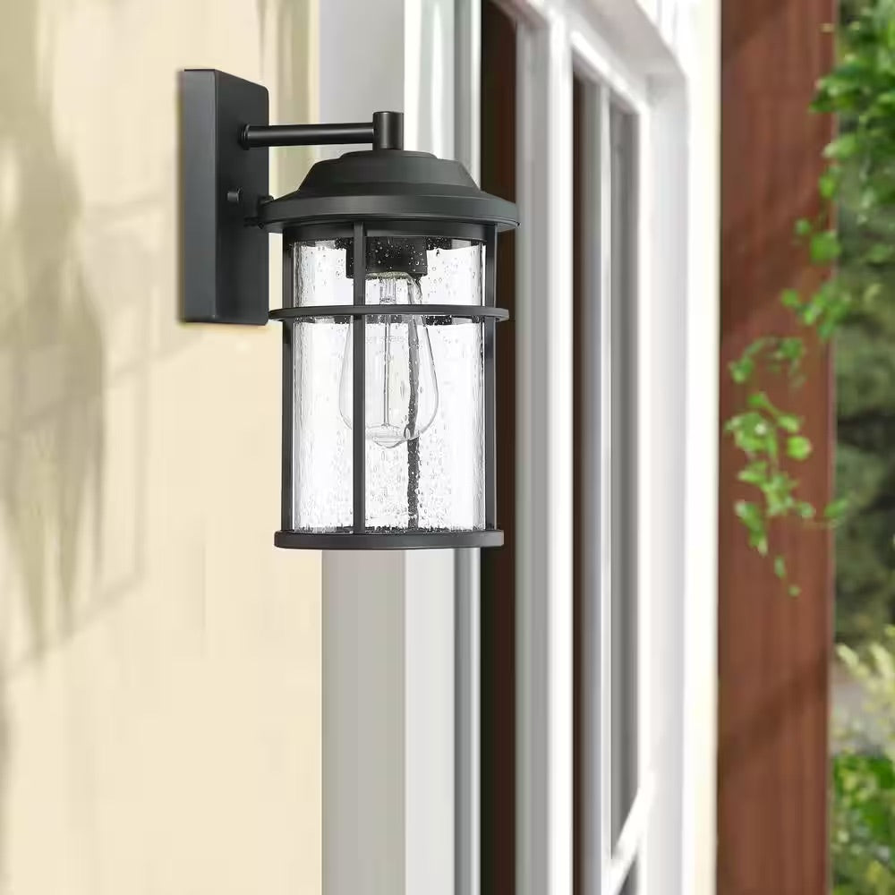 Hukoro Martin 1-Light Matte Black Outdoor Wall Lantern Sconce with Seeded Glass shade