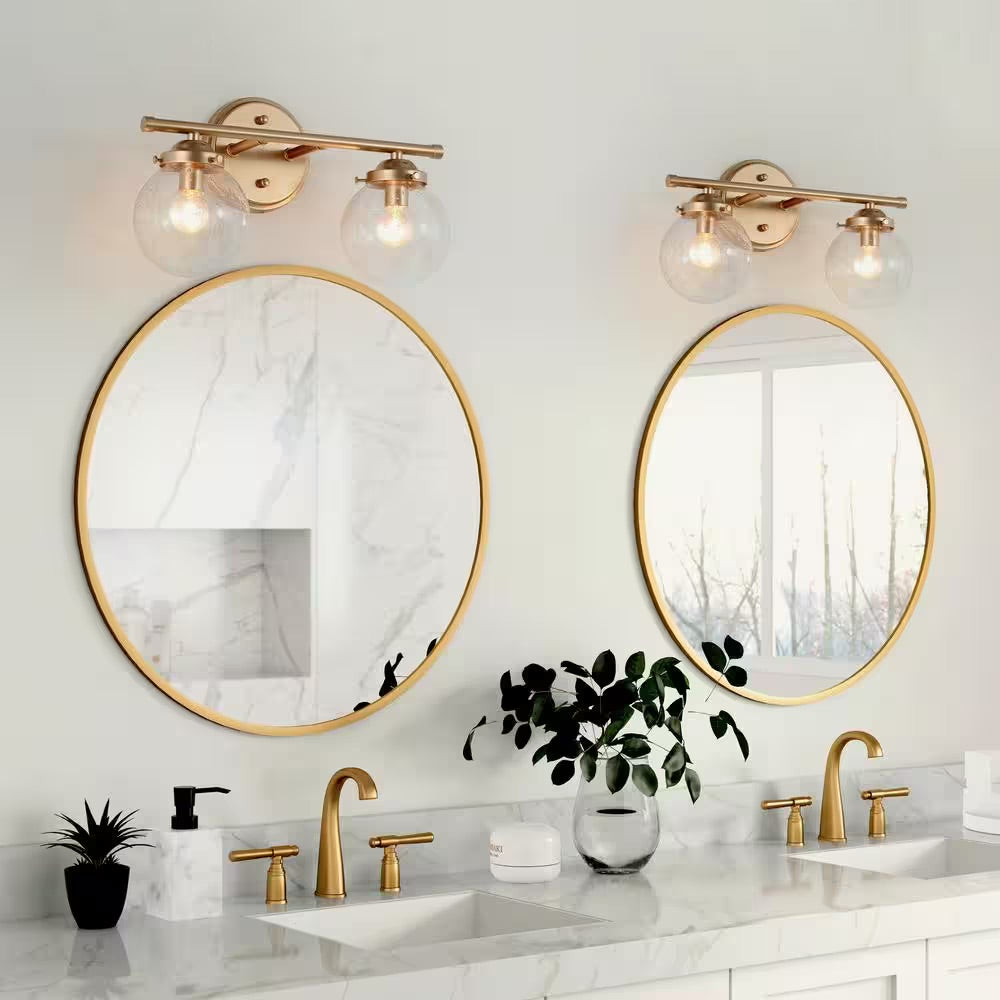 Uolfin Modern Globe Bathroom Vanity Light 2-Light Gold Round Bedroom Wall Sconce Light with Seeded Glass Shades
