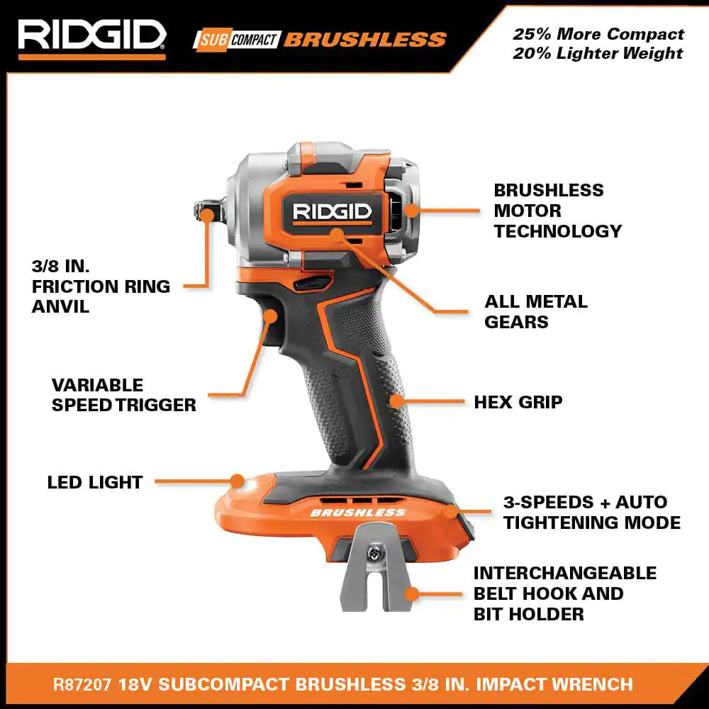 RIDGID 18V SubCompact Brushless Cordless 3/8 in. Impact Wrench (Tool Only) with Belt Clip