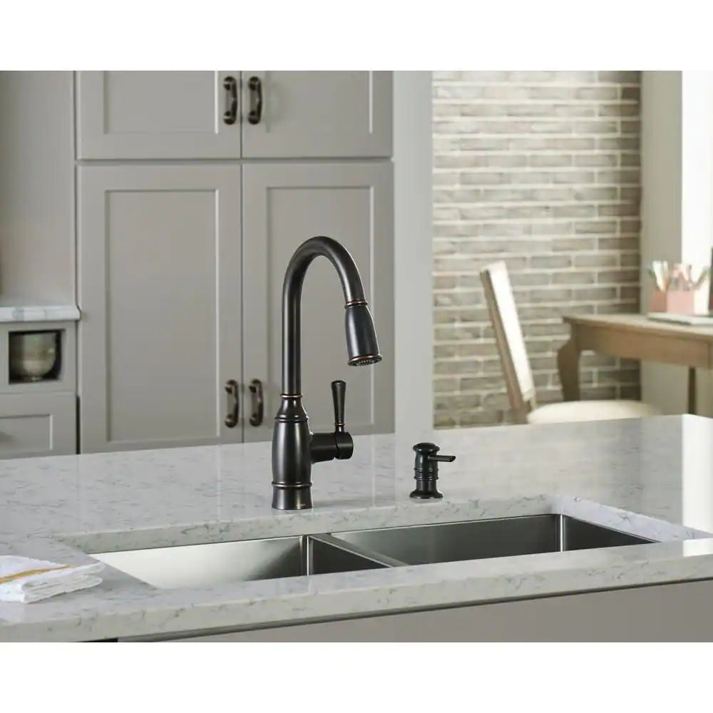 MOEN Noell Single-Handle Pull-Down Sprayer Kitchen Faucet with Reflex, Soap Dispenser and Power Clean in Mediterranean Bronze