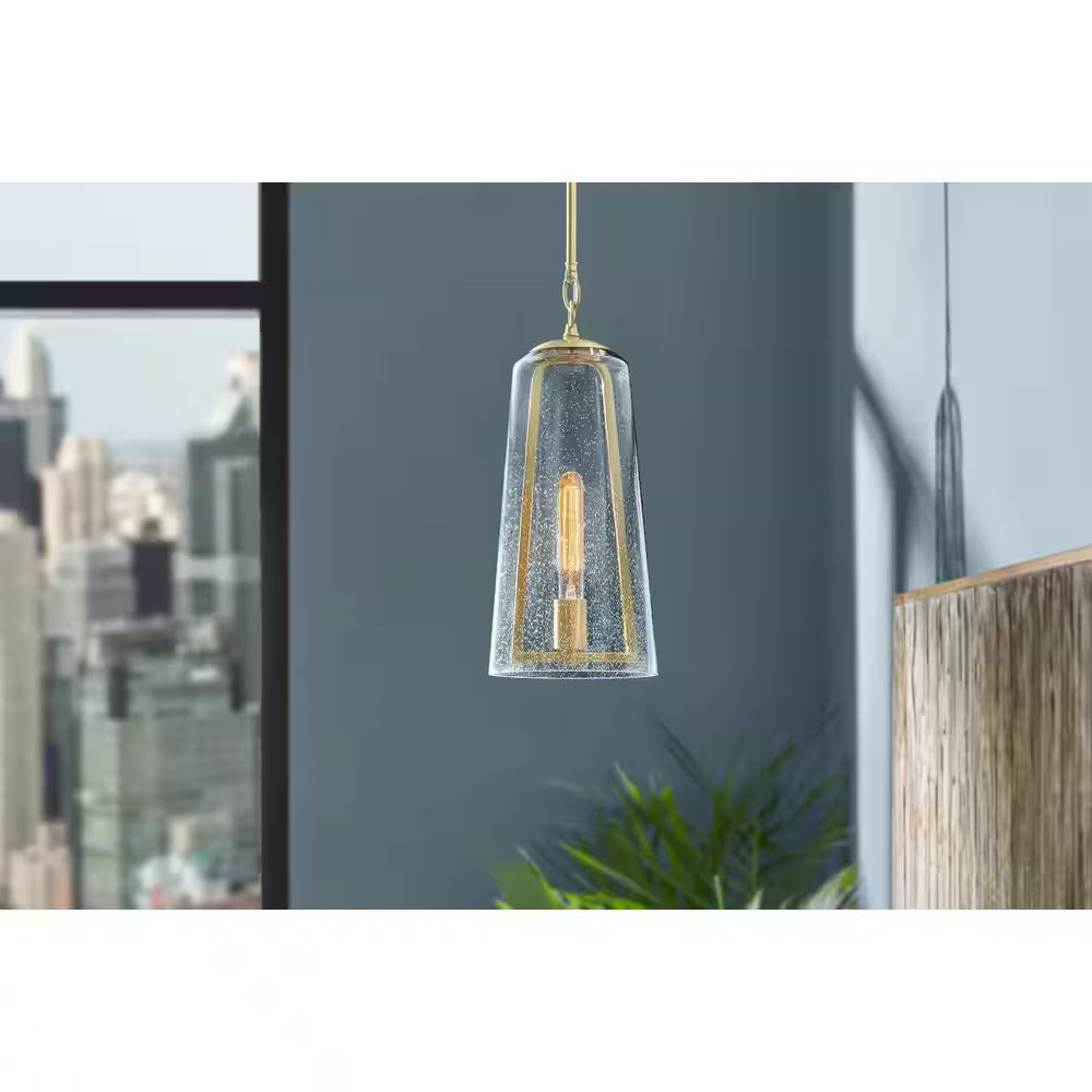 Home Decorators Collection Desmond 8 in. 1-Light Modern Brushed Gold Hanging Pendant Light with Smoke Seeded Glass Shade