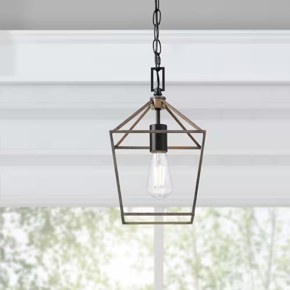 Home Decorators Collection Weyburn 1-Light Caged Black and Faux Wood Farmhouse Hanging Mini Kitchen Pendant Light