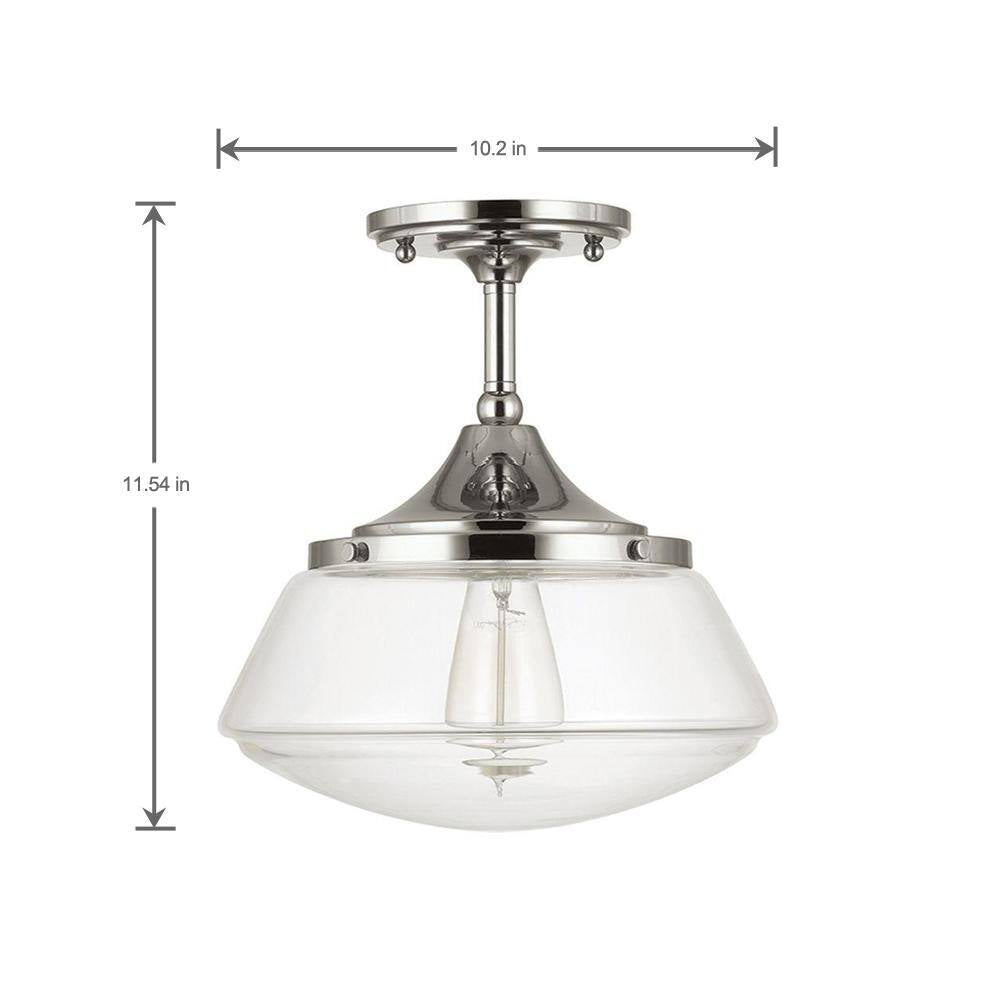 Home Decorators Collection Mcclelland 10 in. 1-Light Polished Nickel Vintage Schoolhouse Semi-Flush Mount with Clear Glass Shade