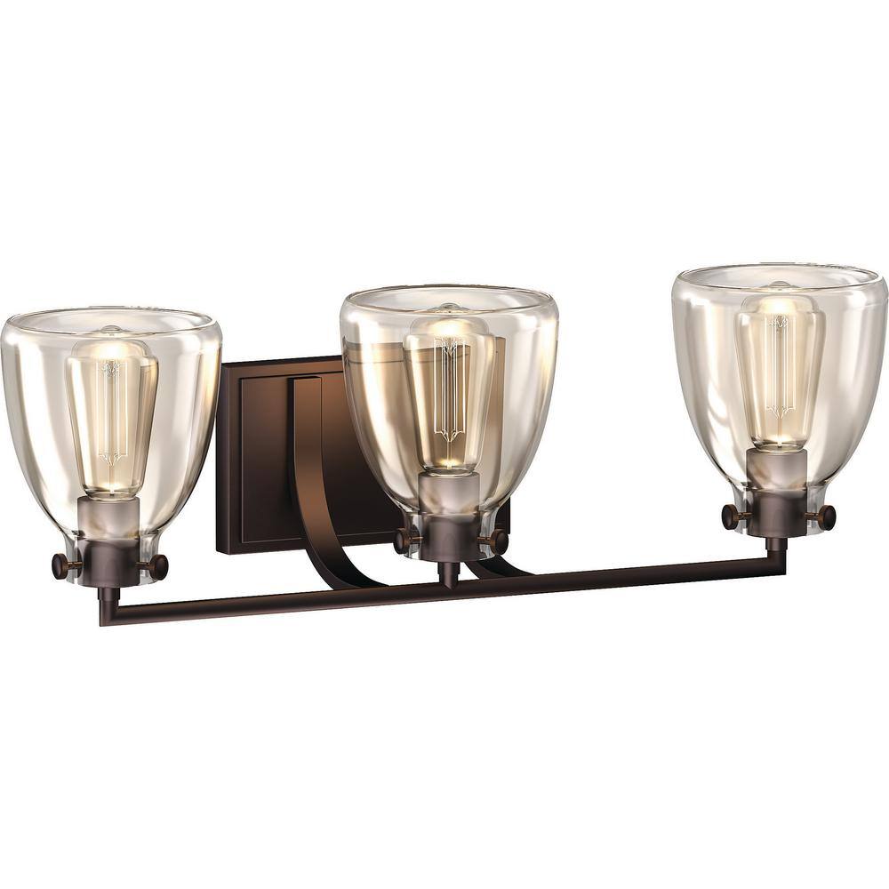 Volume Lighting 3-Light Indoor Antique Bronze Bath or Vanity Light Bar, Wall Mount, or Wall Sconce w/ Clear Glass Jar Bell Shades