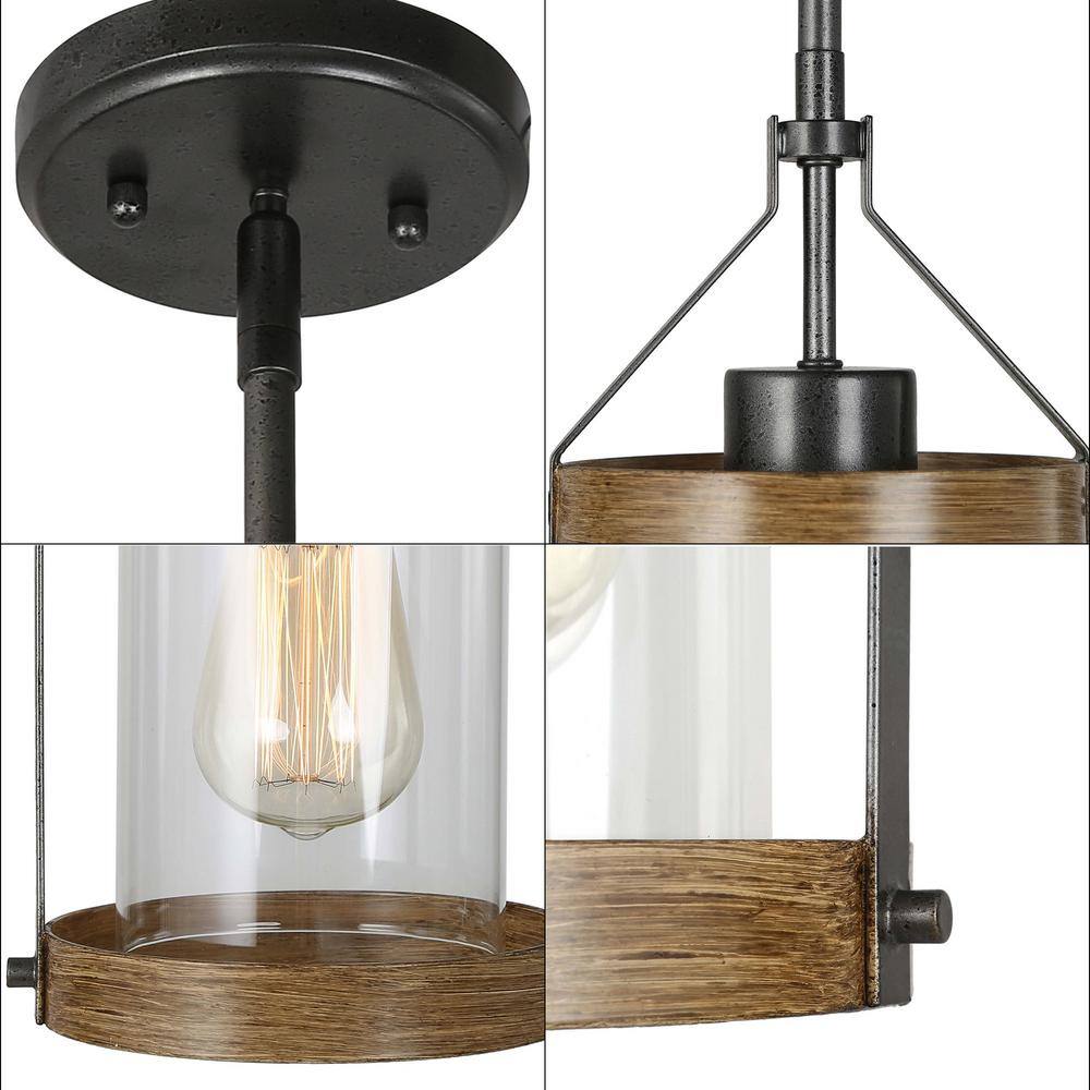 LNC Brown Pendant 1-Light Drum Island Farmhouse Cage Adjustable Hanging Pendant Light with Clear Glass Shade