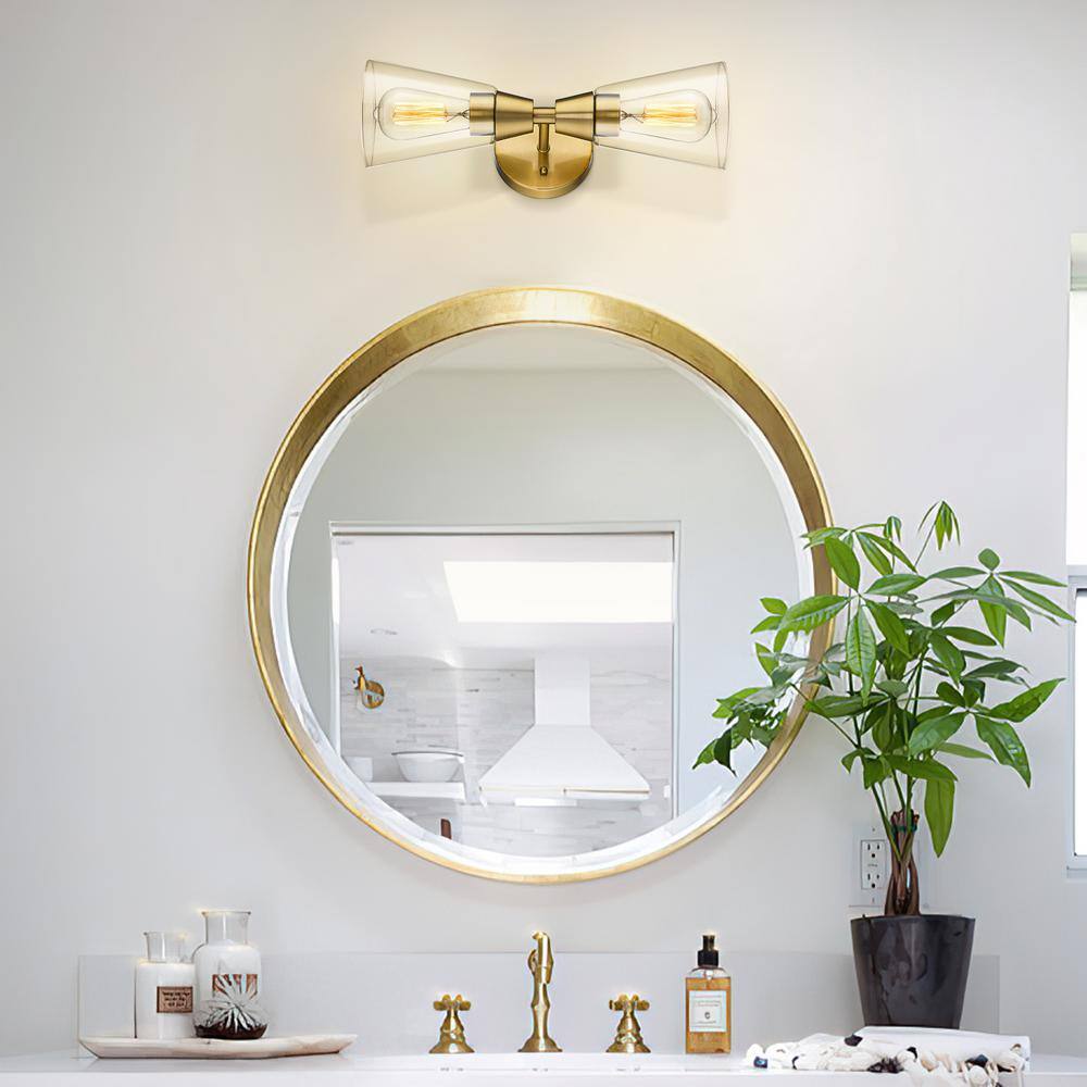 JAZAVA 16.57 in. 2 Light Gold Vanity Lights in Clear Glass Indoor Wall Sconce for Bathroom Bedroom Hallway Stairways
