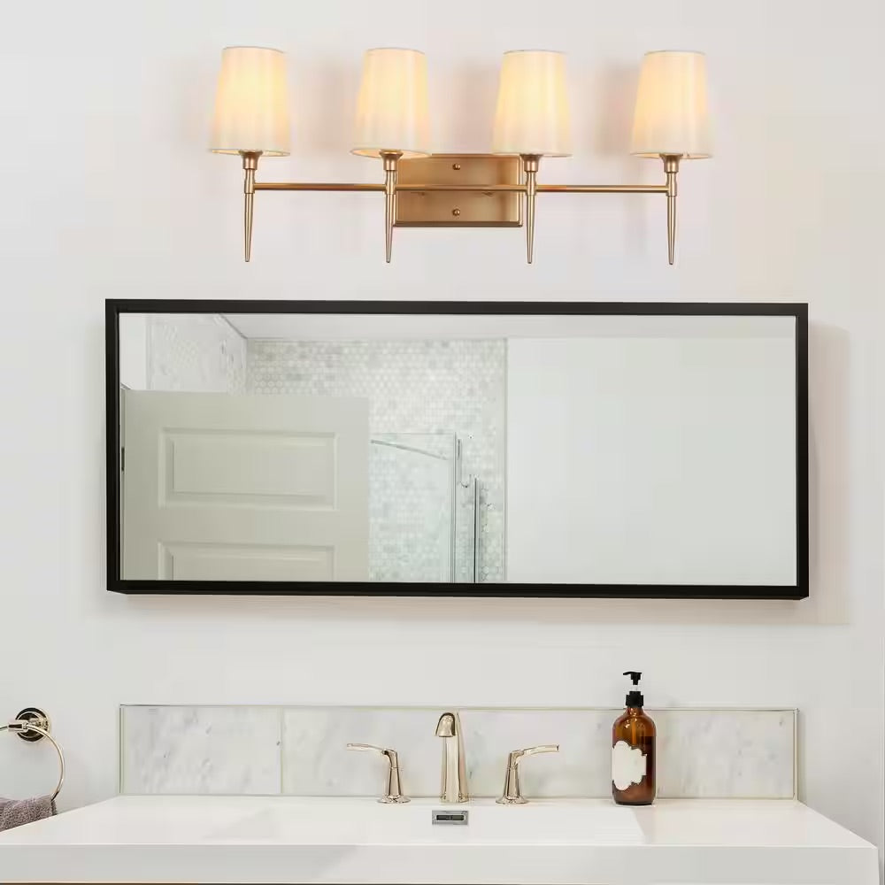 LNC Modern Classic Deep Gold Vanity Light 4-Light Arched Mirror Sconce with White Cone Fabric Shades for Powder Room