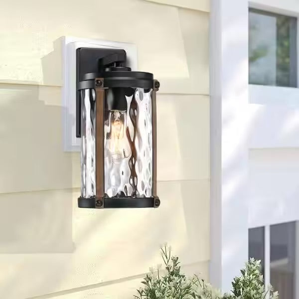 Hukoro Martin 1-Light Matte Black and Barnwood accents Outdoor Wall Lantern Sconce