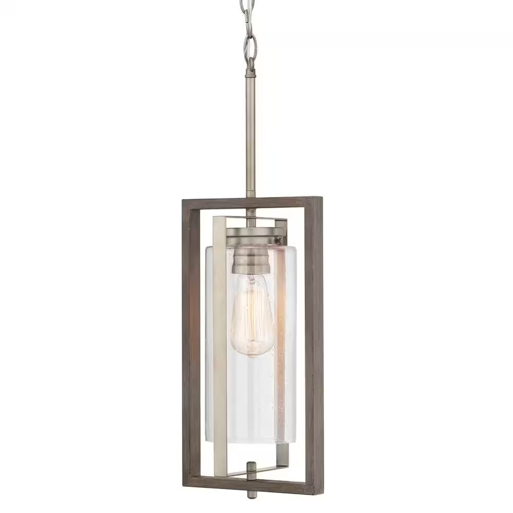 Home Decorators Collection Palermo Grove 8 in. 1-Light Antique Nickel Farmhouse Hanging Outdoor Lantern with Weathered Gray Wood Accents