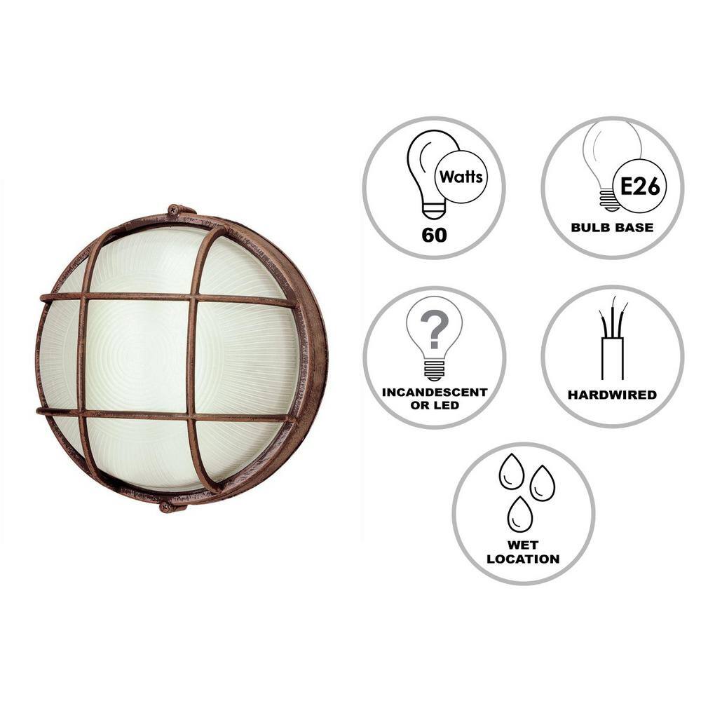 Bel Air Lighting Aria 8 in. 1-Light Rust Round Bulkhead Outdoor Wall Light with Frosted Glass