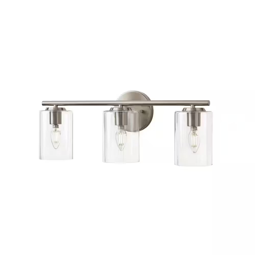 Hampton Bay Champlain 22.375 in. 3-Light Brushed Nickel Modern Bathroom Vanity Light with Clear Glass Shades
