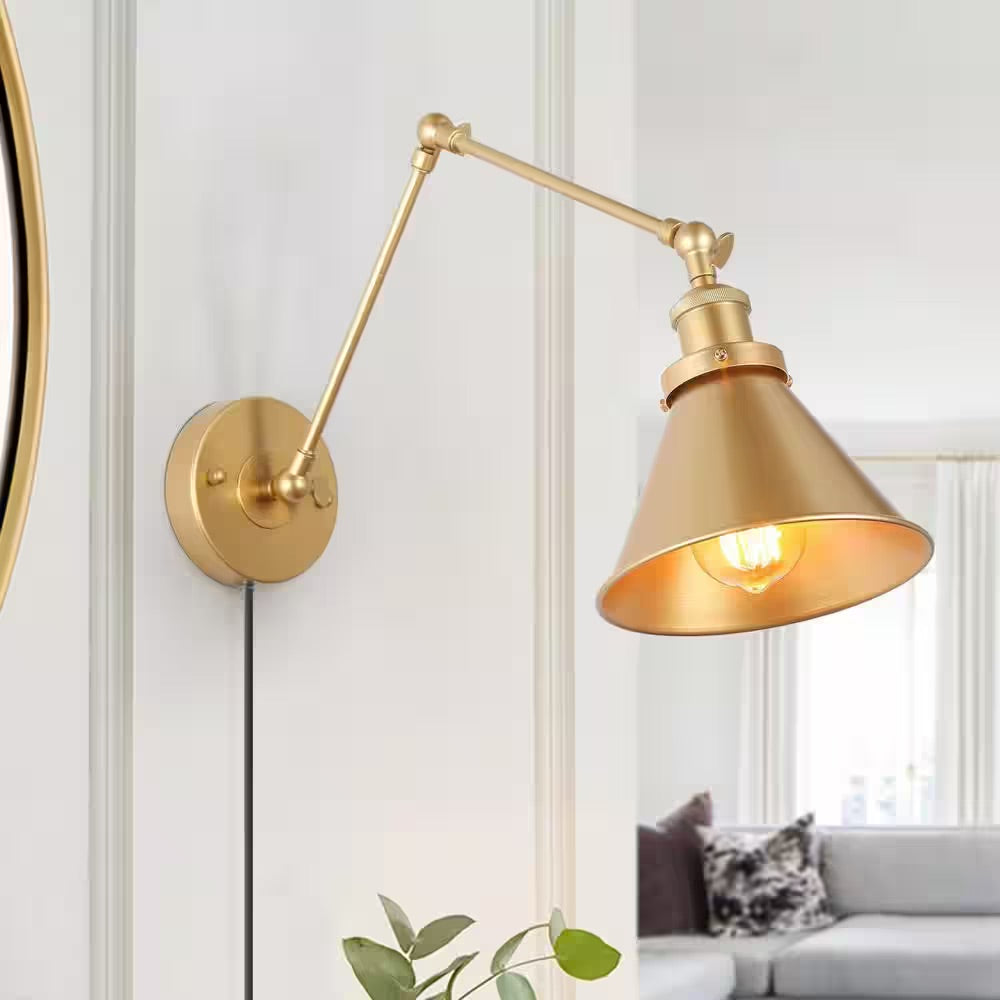 LNC Brass Swing Arm Wall Lamp Modern Gold Linear 1-light Hardwired/Plug-In Table Industrial Wall Sconce with Adjustable Arms