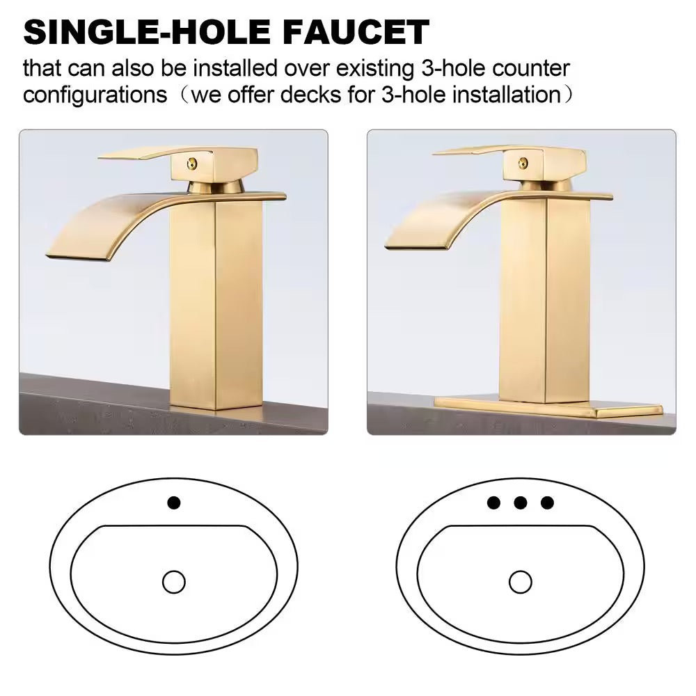 Zalerock Single-Handle Arc Single-Hole Bathroom Faucet with Waterfall in Brushed Gold
