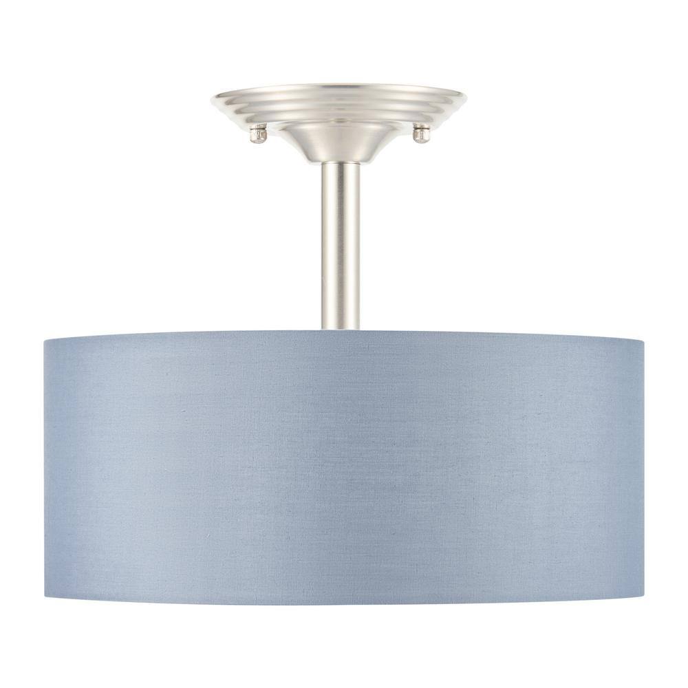 Merra 13 in. 2-Light Brushed Nickel Semi-Flush Mount Light with Gray Fabric Shade