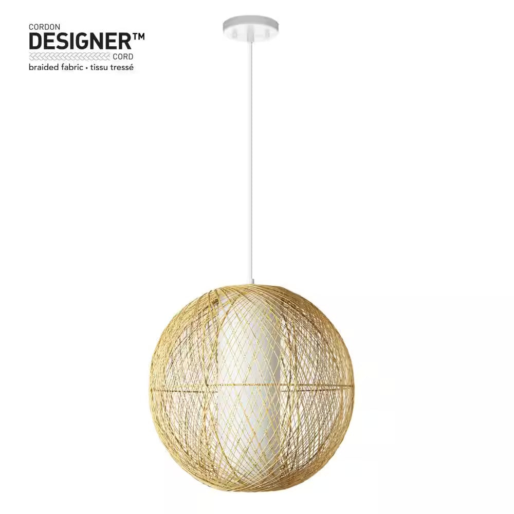 Globe Electric 1-Light White Pendant with Natural Rattan Shade and Designer White Cloth Cord, Vintage Incandescent Bulb Included