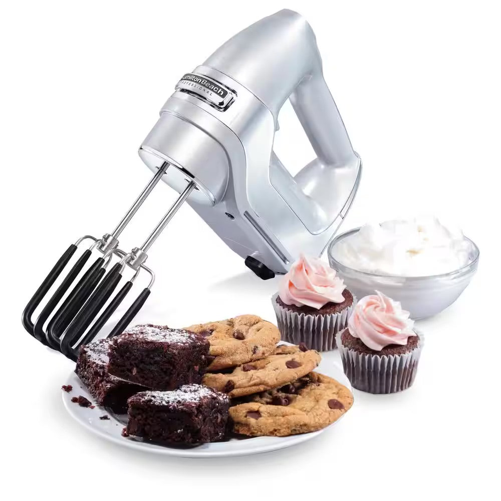 Hamilton Beach Professional 7-Speed Silver Hand Mixer with SoftScrape Beaters, Whisk, Dough Hooks and Snap-On Storage Case