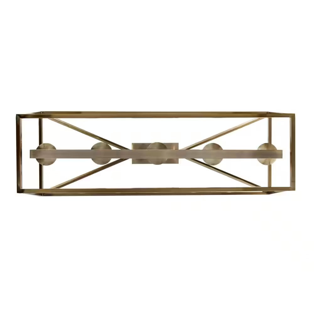 Home Decorators Collection Weyburn 5-Light Brushed Brass Caged Rectangular Farmhouse Chandelier for Dining Room, Linear Lantern Island Light