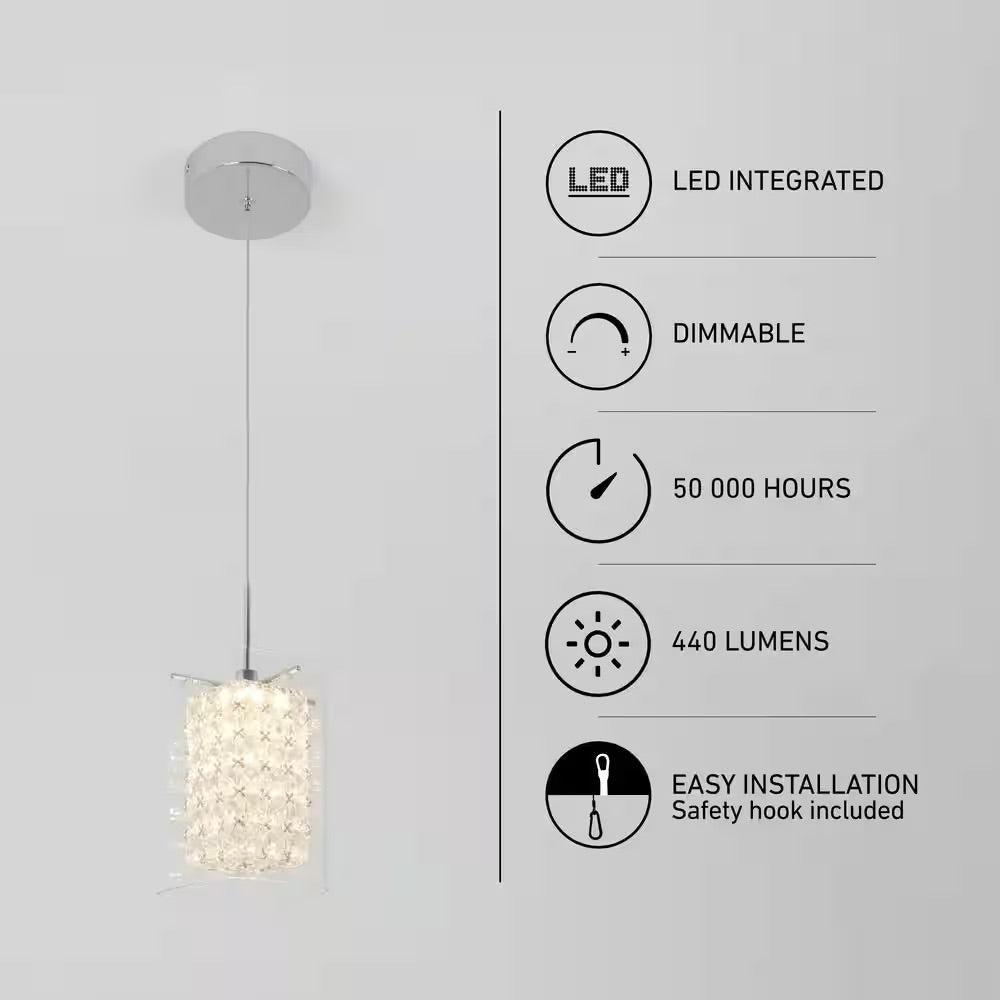 Artika Crystal Cube 5.5-Watt Integrated LED Chrome Modern Hanging Mini Pendant Light Fixture for Kitchen Island or Living Room