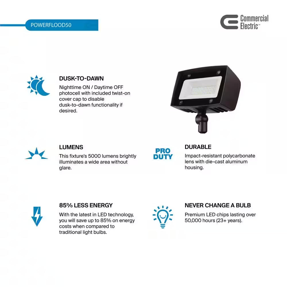 Commercial Electric 350-Watt Equivalent Integrated Outdoor LED Flood Light, 5000 Lumens, Dusk to Dawn Security Light