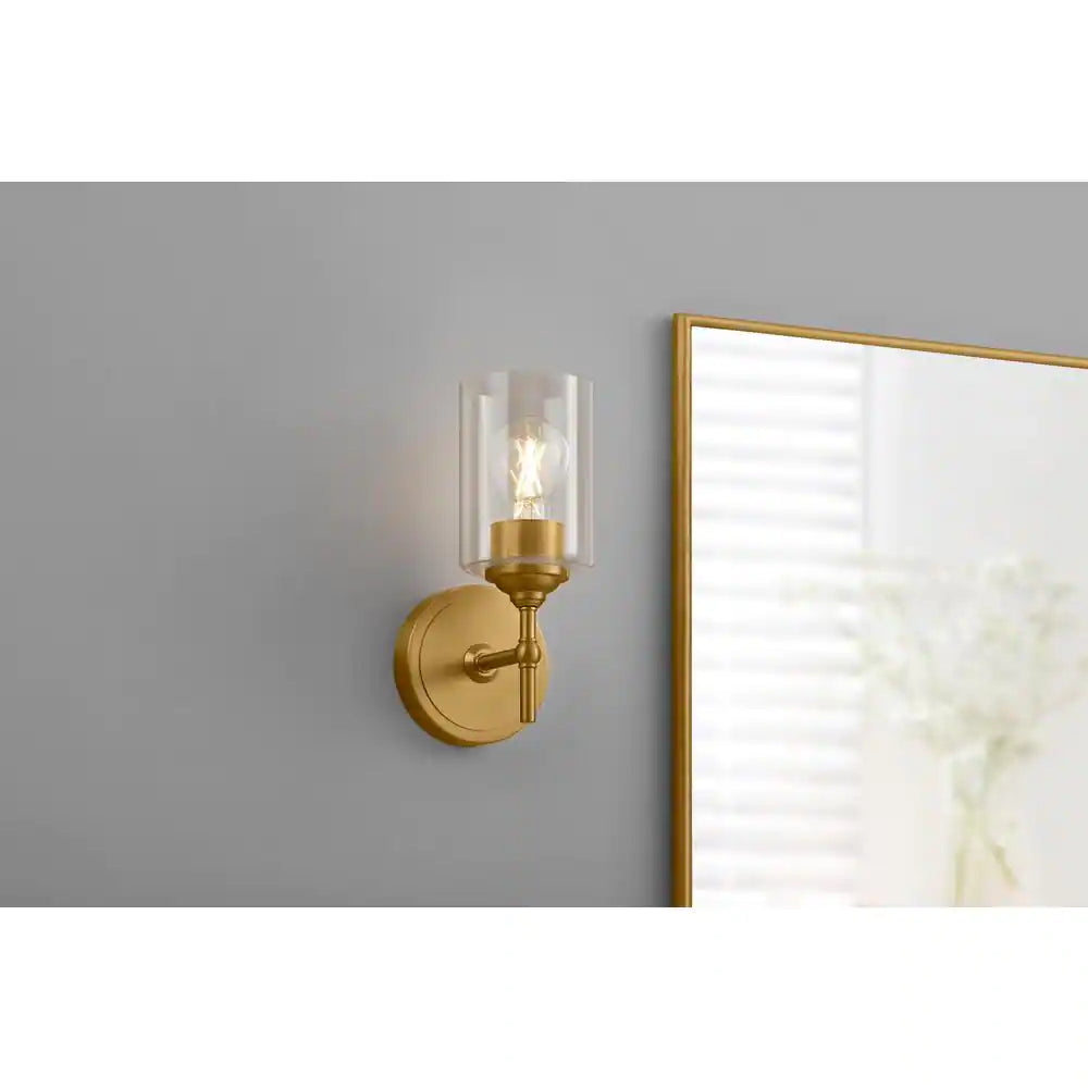 Home Decorators Collection Ayelen 1-Light Matte Brass Clear Glass Indoor Wall Sconce, Modern Wall Light