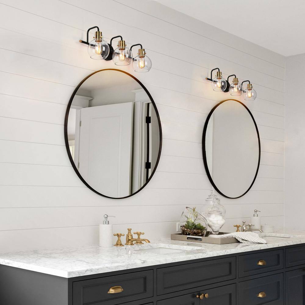 Zevni 23 in. 3-Light Black Bathroom Vanity Light, Modern Polished Brass DIY Bath Light, Classic Globe Clear Glass Wall Sconce