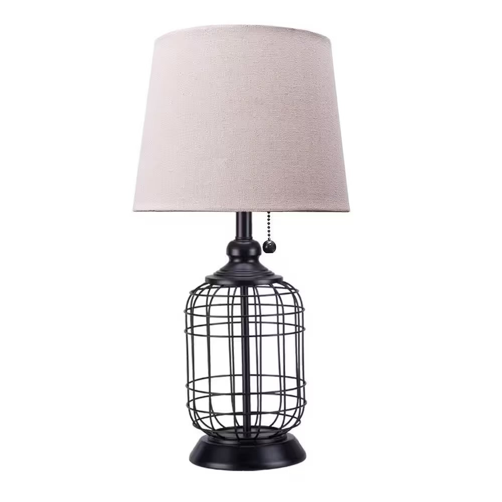 Merra 18 in. Black Cage Table Lamp with Oatmeal Linen Shade