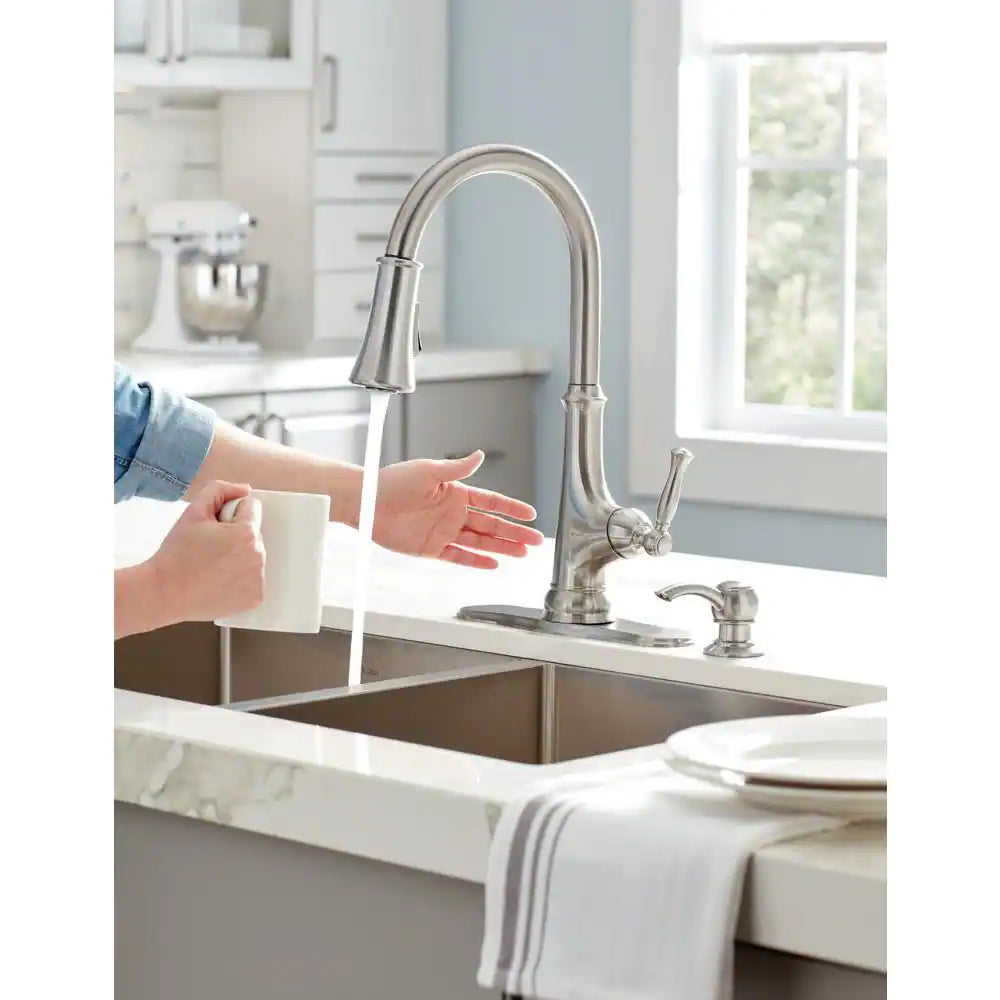 Glacier Bay Touchless LED Single-Handle Pull-Down Sprayer Kitchen Faucet with Soap Dispenser in Stainless Steel