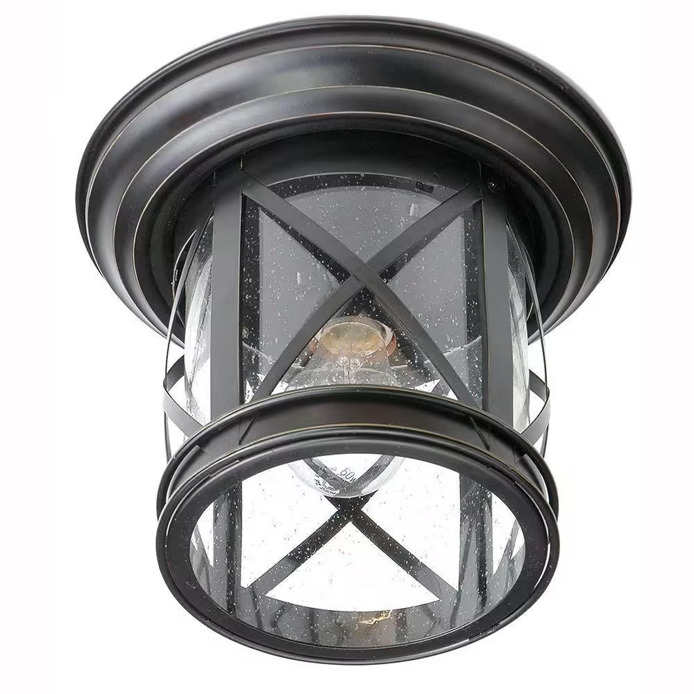Bel Air Lighting Chandler 1-Light Oiled Bronze Outdoor Flush Mount Ceiling Light with Seeded Glass