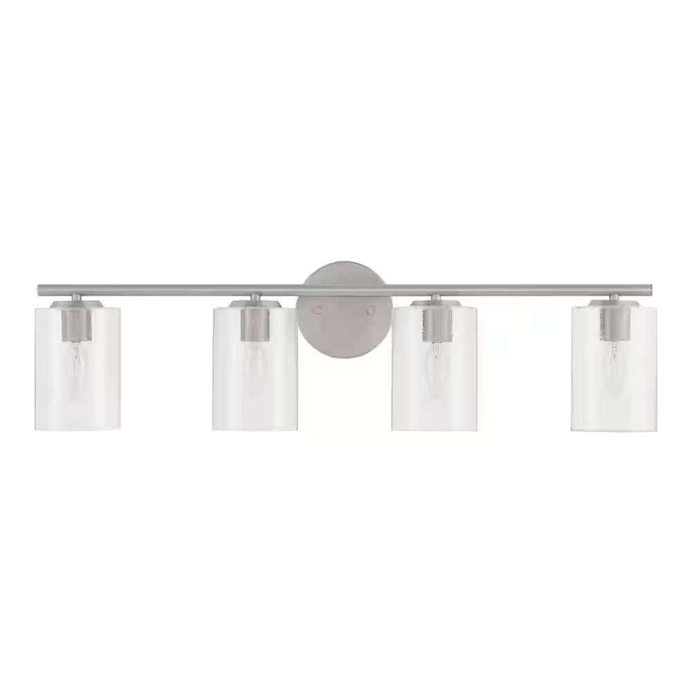 Hampton Bay Champlain 31.5 in. 4-Light Brushed Nickel Modern Bathroom Vanity Light with Clear Seeded Glass Shades