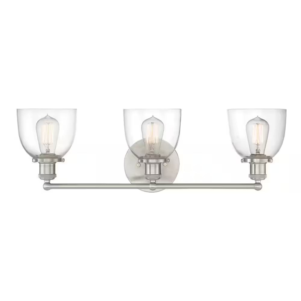 Home Decorators Collection Evelyn 26.75 in. 3-Light Brushed Nickel Modern Industrial Bathroom Vanity Light with Clear Glass Shades