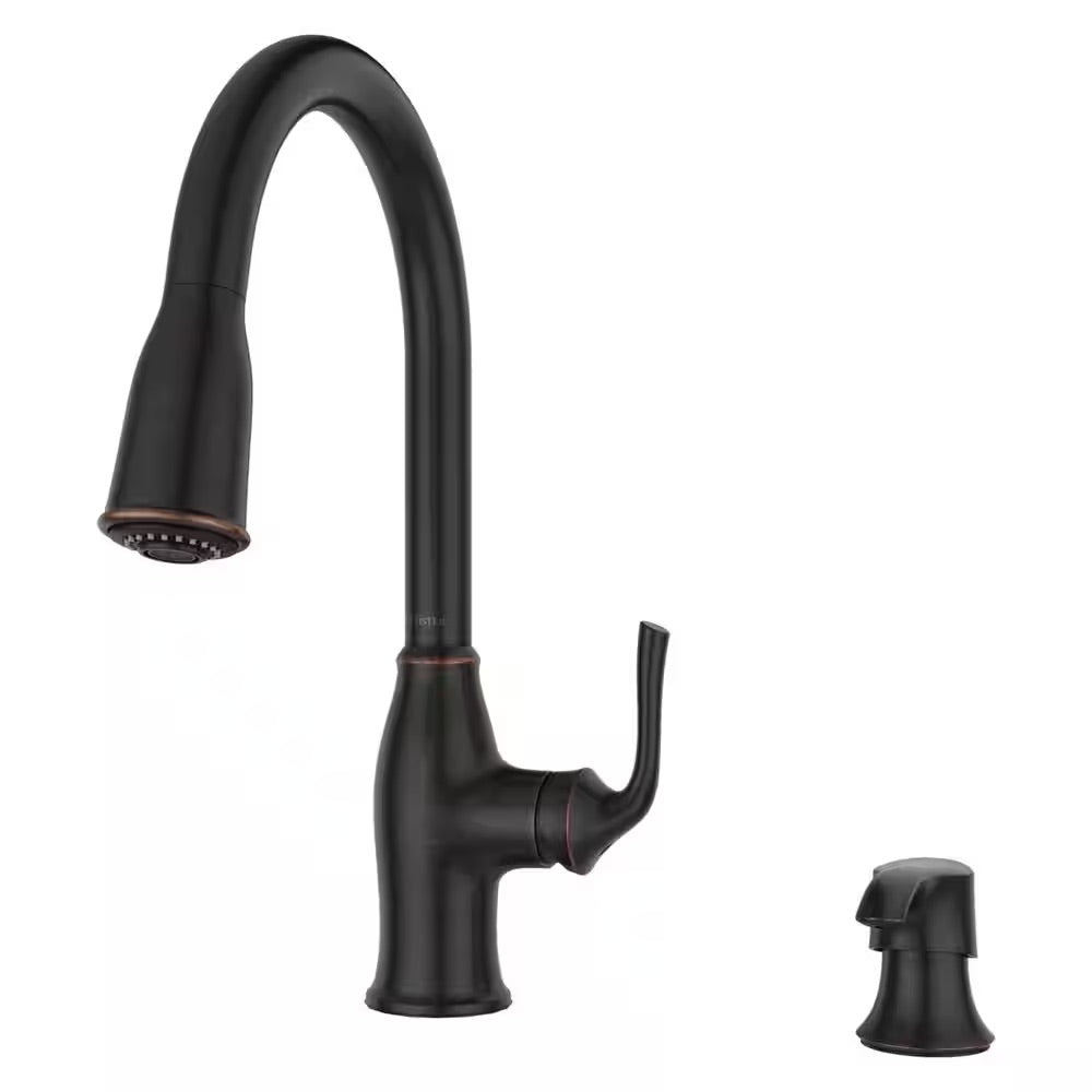 Pfister Rosslyn Single-Handle Pull-Down Sprayer Kitchen Faucet with Soap Dispenser in Tuscan Bronze