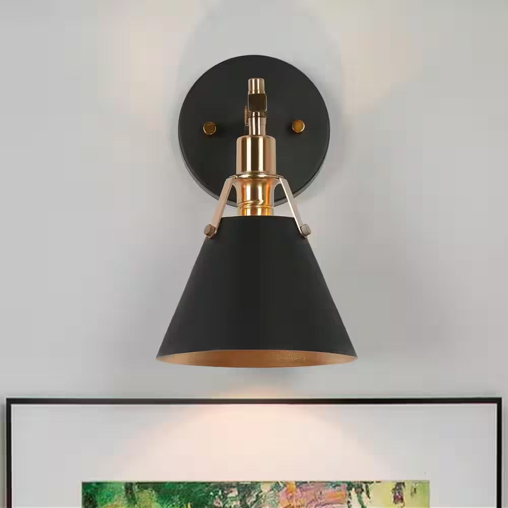 Home Decorators Collection Granville Collection 1-Light Matte Black and Vintage Gold Wall Sconce with Bell Shade Modern Bathroom Vanity Light