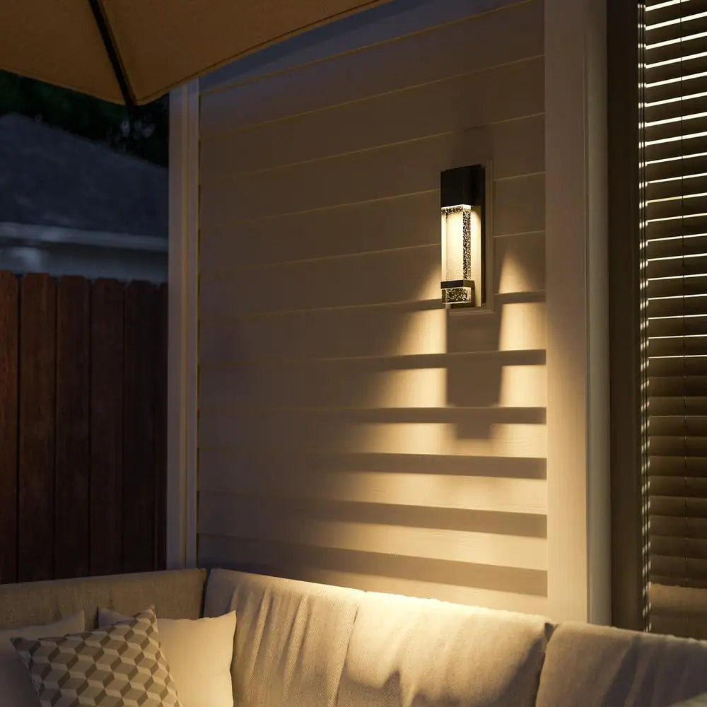 Home Decorators Collection 1-Light Black LED Integrated Outdoor Sconce Lantern Light with Seeded Glass
