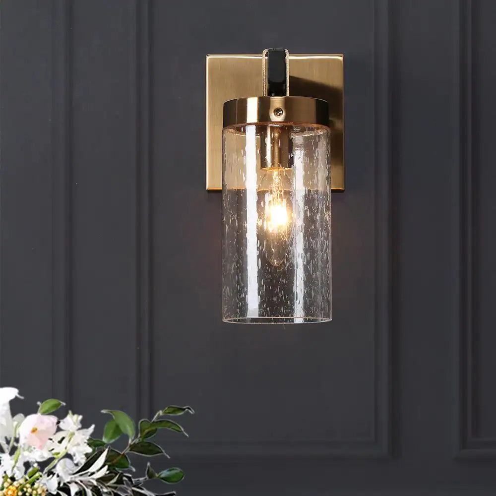 Zevni Musom 1-Light Modern Brass Gold Wall Sconce, Seeded Glass Black Bathroom Vanity Light, Powder Room DIY Tube Bath light