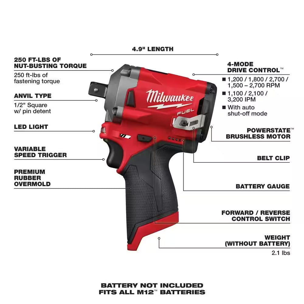 Milwaukee M12 FUEL 12V Lithium-Ion Brushless Cordless Stubby 1/2 in. Impact Wrench with Pin Detent (Tool-Only)